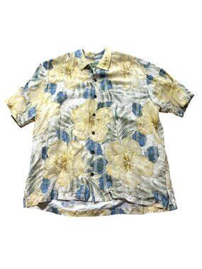 Tommy Bahama Mens XL Yellow & Blue Floral Hawaiian Shirt Short Sleeve Button-Up
